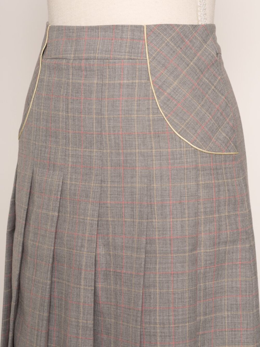 Gray Pink Plaid Pleated Wool Blend Midi Skirt XS Academia Preppy Gossip Girl - Picture 2 of 13